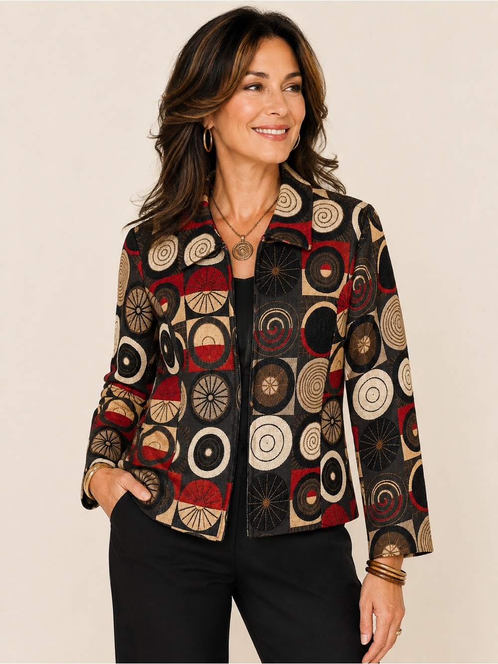 Christopher & Banks Geometric Tapestry Jacket – Size M – Red Black Tan